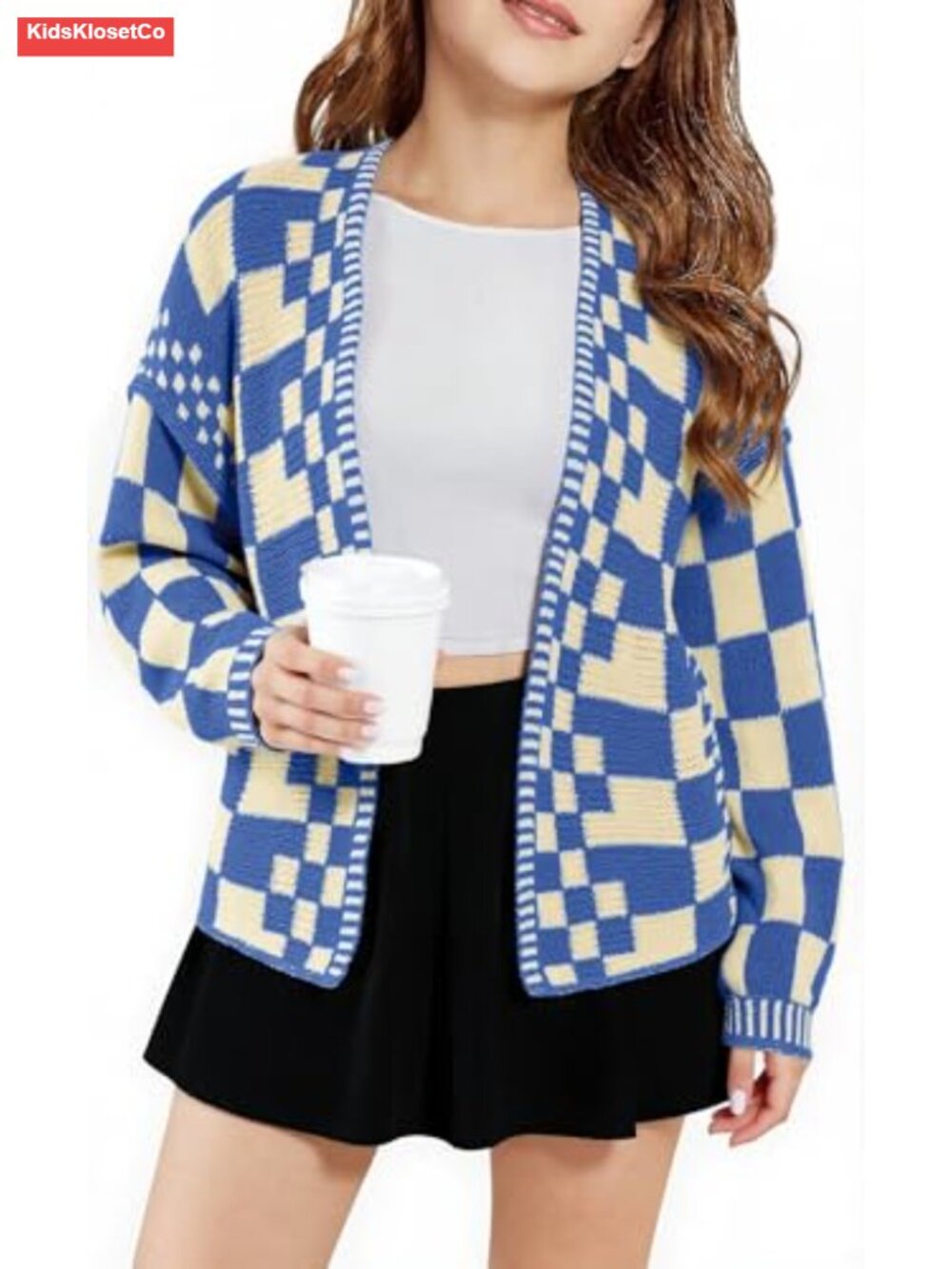 Girls Chunky Plaid Open Front Knit Cardigan Sweater